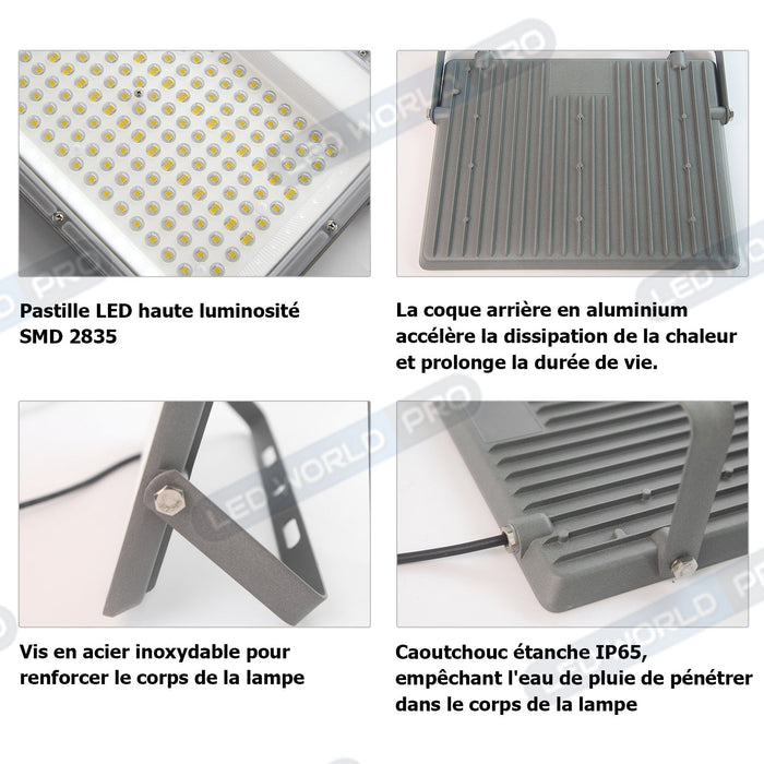 DERNIER DU STOCK : Projecteur LED filaire - Série PERLE V2 - 300 Watts - 36 000 Lumens - 120 Lumens/Watt - Angle 90° - IP65 - 6000K - 446 x 280 x 25 mm