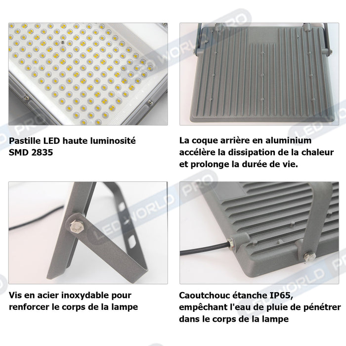 DERNIER DU STOCK : Projecteur LED filaire - Série PERLE V2 - 300 Watts - 36 000 Lumens - 120 Lumens/Watt - Angle 90° - IP65 - 6000K - 446 x 280 x 25 mm