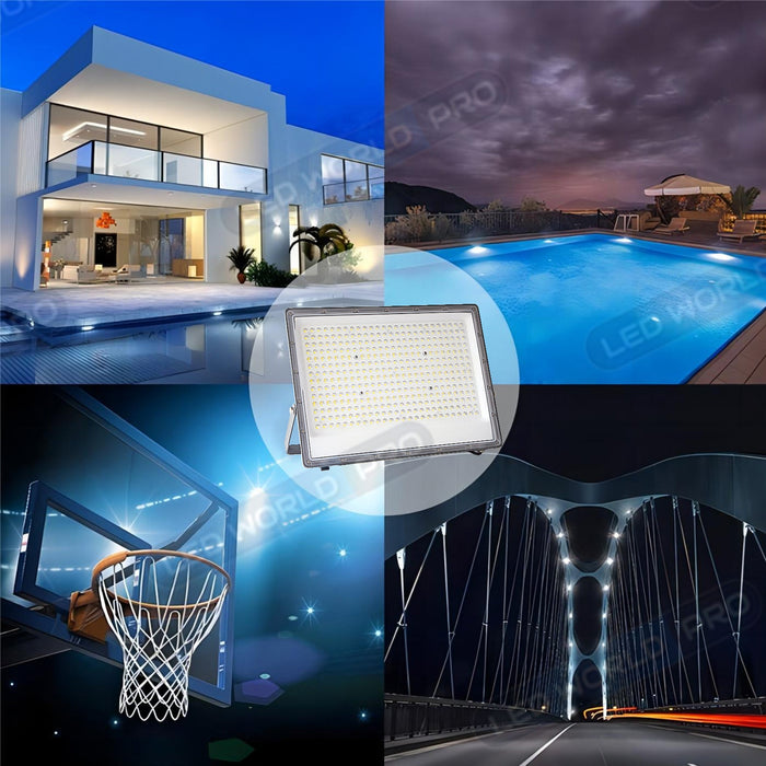 DERNIER DU STOCK : Projecteur LED filaire - Série PERLE V2 - 300 Watts - 36 000 Lumens - 120 Lumens/Watt - Angle 90° - IP65 - 6000K - 446 x 280 x 25 mm