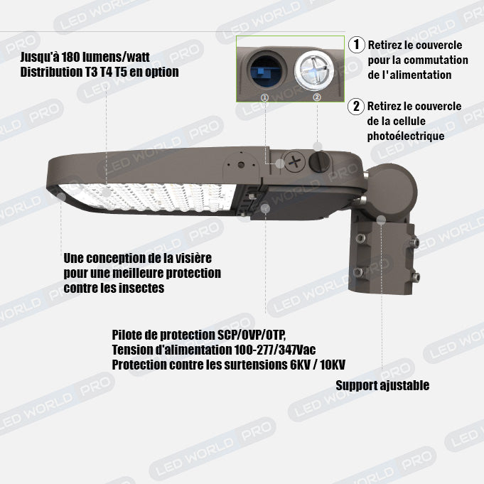 Pack de 10x Lampes de rue filaires - Série ULTIME P2 - CCT - Puissance ajustable 100 / 150 / 200 Watts - 180 Lumens/Watt - 53 x 30 x 6,5 cm - IP66 - Angle 150 x 90° - Tube d'insertion 60mm - Couleur Bronze foncé - Dimmable – Angle rotatif - Garantie 5 ans