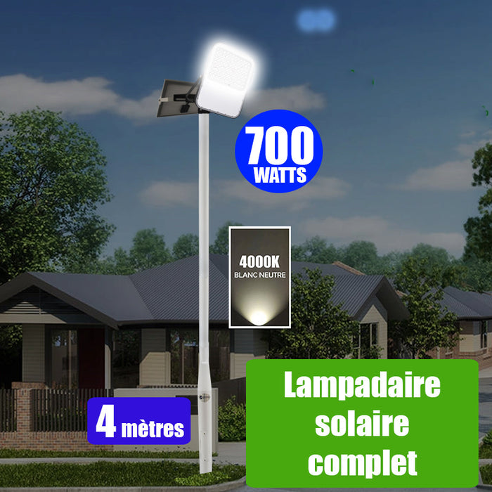 Pack lampadaire solaire complet 4 mètres : Projecteur LED solaire - Série BIG BOY V3 - 700 Watts - 4200 Lumens - 4000k + Mât STANDARD - 4 mètres au choix (Série STANDARD V1 EVO ou V4 EVO ou V4 ECO - Avec trappe) + Tête de mât rectangulaire
