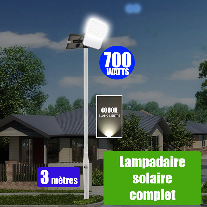 Pack lampadaire solaire complet 3 mètres : Projecteur LED solaire - Série BIG BOY V3 - 700 Watts - 4200 Lumens - 4000k + Mât STANDARD - 3 mètres au choix (Série STANDARD V1 EVO ou V4 ECO ou V4 EVO  - Avec trappe) + Tête de mât rectangulaire