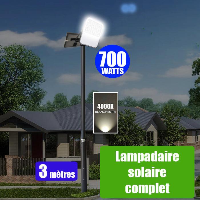 Pack lampadaire solaire complet 3 mètres : Projecteur LED solaire - Série BIG BOY V3 - 700 Watts - 4200 Lumens - 4000k + Mât STANDARD - 3 mètres au choix (Série STANDARD V1 EVO ou V4 ECO ou V4 EVO  - Avec trappe) + Tête de mât rectangulaire