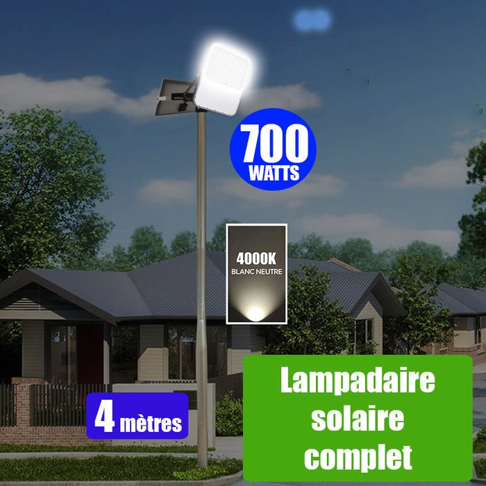 Pack lampadaire solaire complet 4 mètres : Projecteur LED solaire - Série BIG BOY V3 - 700 Watts - 4200 Lumens - 4000k + Mât STANDARD - 4 mètres au choix (Série STANDARD V1 EVO ou V4 EVO ou V4 ECO - Avec trappe) + Tête de mât rectangulaire