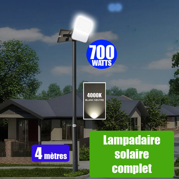 Pack lampadaire solaire complet 4 mètres : Projecteur LED solaire - Série BIG BOY V3 - 700 Watts - 4200 Lumens - 4000k + Mât STANDARD - 4 mètres au choix (Série STANDARD V1 EVO ou V4 EVO ou V4 ECO - Avec trappe) + Tête de mât rectangulaire