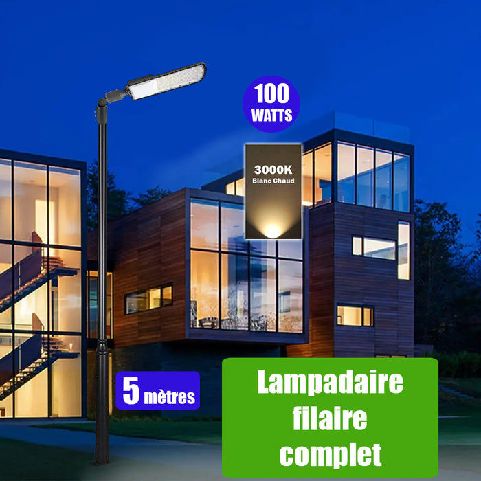 Pack lampadaire filaire complet 5 mètres : Lampe de rue filaire - Série FLEX ECO - 100 Watts - 3000k + Mât STANDARD 5 mètres avec trappe au choix (Série STANDARD V2 EVO ou Série STANDARD V4 EVO) + Support déporté 45mm ou Adaptateur rotatif 80/50 mm