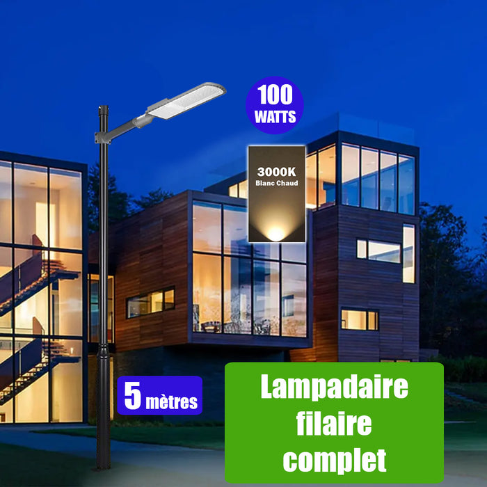 Pack lampadaire filaire complet 5 mètres : Lampe de rue filaire - Série FLEX ECO - 100 Watts - 3000k + Mât STANDARD 5 mètres avec trappe au choix (Série STANDARD V2 EVO ou Série STANDARD V4 EVO) + Support déporté 45mm ou Adaptateur rotatif 80/50 mm