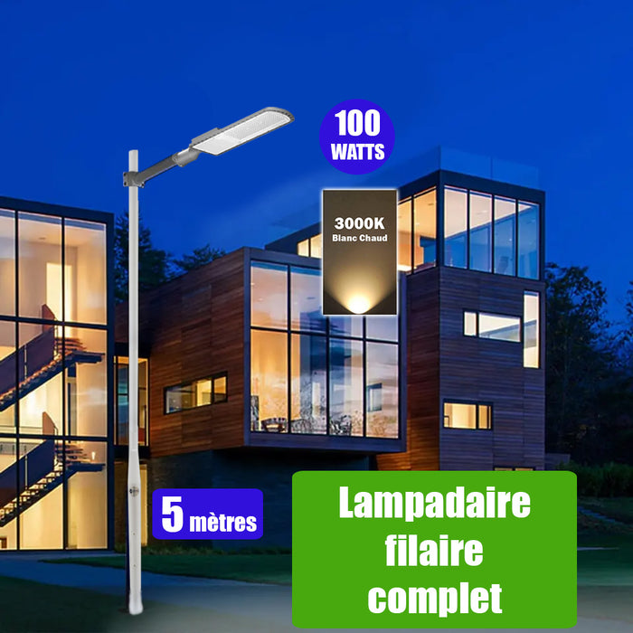 Pack lampadaire filaire complet 5 mètres : Lampe de rue filaire - Série FLEX ECO - 100 Watts - 3000k + Mât STANDARD 5 mètres avec trappe au choix (Série STANDARD V2 EVO ou Série STANDARD V4 EVO) + Support déporté 45mm ou Adaptateur rotatif 80/50 mm