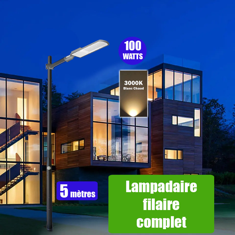 Pack lampadaire filaire complet 5 mètres : Lampe de rue filaire - Série FLEX ECO - 100 Watts - 3000k + Mât STANDARD 5 mètres avec trappe au choix (Série STANDARD V2 EVO ou Série STANDARD V4 EVO) + Support déporté 45mm ou Adaptateur rotatif 80/50 mm
