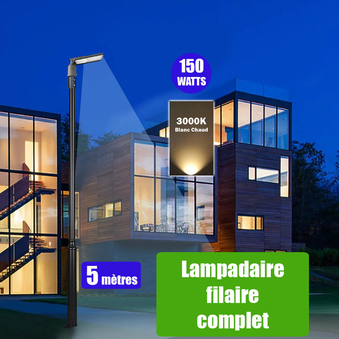 Pack lampadaire filaire complet 5 mètres : Lampe de rue filaire - Série FLEX ECO - 150 Watts - 3000k + Mât STANDARD 5 mètres avec trappe au choix (Série STANDARD V2 EVO ou Série STANDARD V4 EVO) + Support déporté 60mm ou Adaptateur 60/80 mm