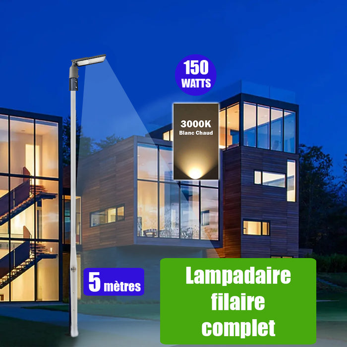 Pack lampadaire filaire complet 5 mètres : Lampe de rue filaire - Série FLEX ECO - 150 Watts - 3000k + Mât STANDARD 5 mètres avec trappe au choix (Série STANDARD V2 EVO ou Série STANDARD V4 EVO) + Support déporté 60mm ou Adaptateur 60/80 mm