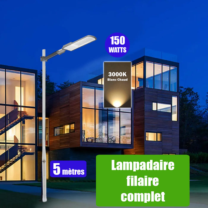 Pack lampadaire filaire complet 5 mètres : Lampe de rue filaire - Série FLEX ECO - 150 Watts - 3000k + Mât STANDARD 5 mètres avec trappe au choix (Série STANDARD V2 EVO ou Série STANDARD V4 EVO) + Support déporté 60mm ou Adaptateur 60/80 mm