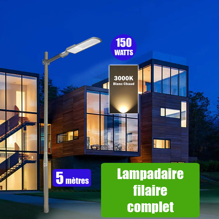 Pack lampadaire filaire complet 5 mètres : Lampe de rue filaire - Série FLEX ECO - 150 Watts - 3000k + Mât STANDARD 5 mètres avec trappe au choix (Série STANDARD V2 EVO ou Série STANDARD V4 EVO) + Support déporté 60mm ou Adaptateur 60/80 mm