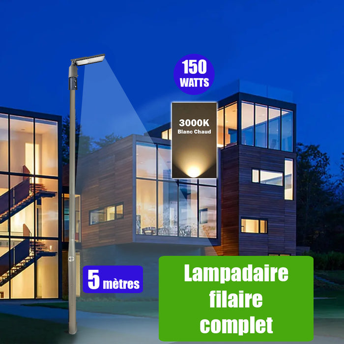 Pack lampadaire filaire complet 5 mètres : Lampe de rue filaire - Série FLEX ECO - 150 Watts - 3000k + Mât STANDARD 5 mètres avec trappe au choix (Série STANDARD V2 EVO ou Série STANDARD V4 EVO) + Support déporté 60mm ou Adaptateur 60/80 mm