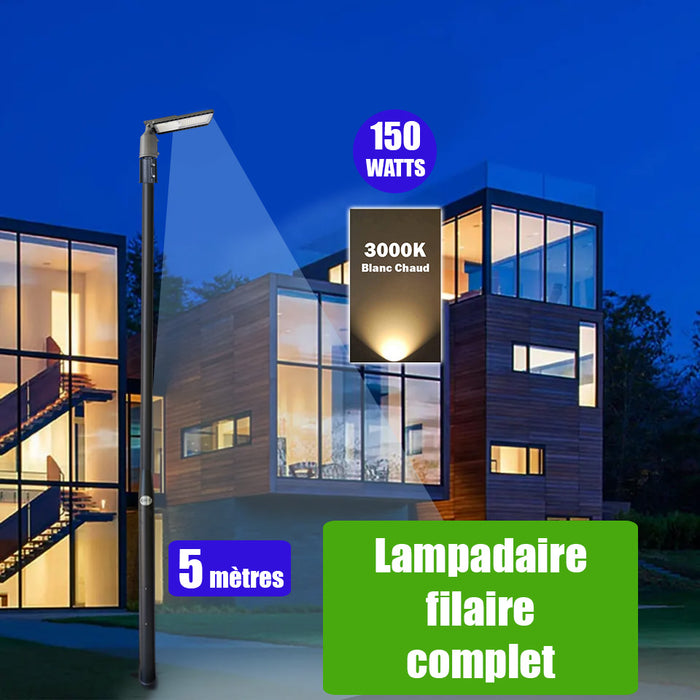 Pack lampadaire filaire complet 5 mètres : Lampe de rue filaire - Série FLEX ECO - 150 Watts - 3000k + Mât STANDARD 5 mètres avec trappe au choix (Série STANDARD V2 EVO ou Série STANDARD V4 EVO) + Support déporté 60mm ou Adaptateur 60/80 mm