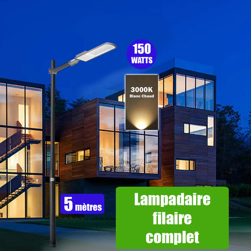 Pack lampadaire filaire complet 5 mètres : Lampe de rue filaire - Série FLEX ECO - 150 Watts - 3000k + Mât STANDARD 5 mètres avec trappe au choix (Série STANDARD V2 EVO ou Série STANDARD V4 EVO) + Support déporté 60mm ou Adaptateur 60/80 mm