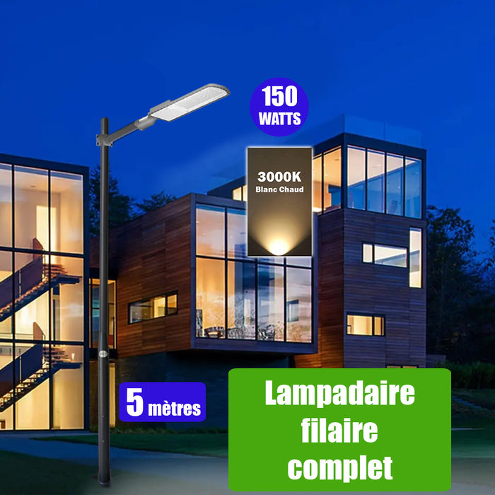 Pack lampadaire filaire complet 5 mètres : Lampe de rue filaire - Série FLEX ECO - 150 Watts - 3000k + Mât STANDARD 5 mètres avec trappe au choix (Série STANDARD V2 EVO ou Série STANDARD V4 EVO) + Support déporté 60mm ou Adaptateur 60/80 mm