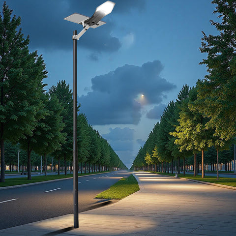 Pack lampadaire solaire complet 3/4/5/6 mètres au choix : Lampe solaire Série INTERSTELLAR + Mât EVO - Entraxe des trous 200mm - Noir