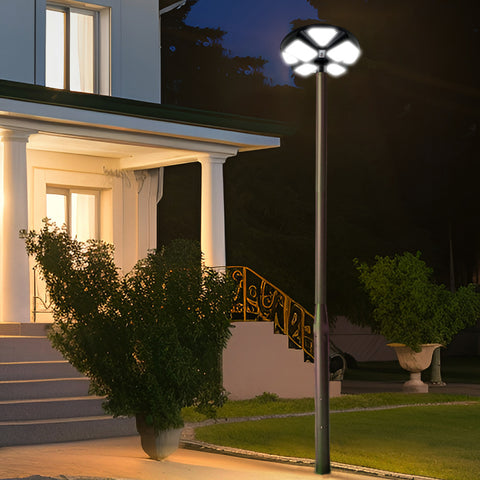 Pack lampadaire solaire complet 3/4/5/6 mètres au choix : Lampe solaire Série OVNI CRYSTAL V2 + Mât EVO - Entraxe des trous 200mm - Noir