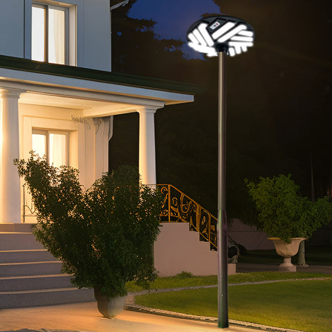Pack lampadaire solaire complet 3/4/5/6 mètres au choix : Lampe solaire Série OVNI EMERAUDE + Mât EVO - Entraxe des trous 200mm - Noir
