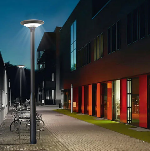 Pack lampadaire solaire complet 3/4/5/6 mètres au choix : Lampe solaire Série OVNI EVO + Mât EVO - Entraxe des trous 200mm - Noir