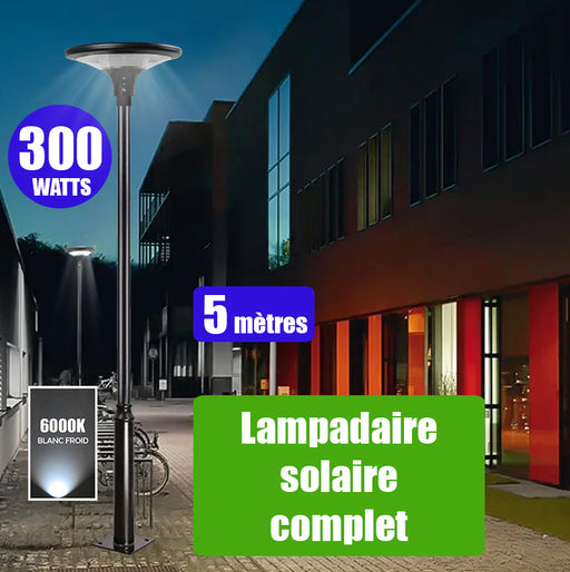Pack lampadaire complet 5 mètres : Lampe solaire Série OVNI SUN FLOWER 300 6000K + Mât STANDARD (V1 EVO ou V4 EVO - Avec trappe) + Adaptateur 60/80 mm