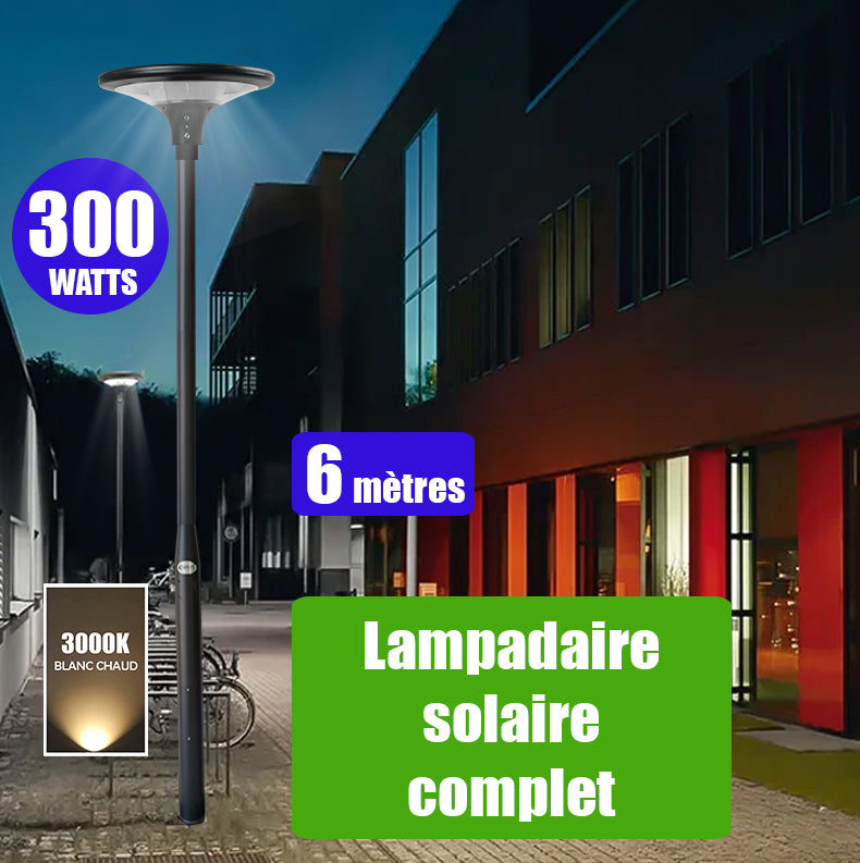 Pack lampadaire complet 6 mètres : Lampe solaire Série OVNI SUN FLOWER 300 3000K + Mât STANDARD (V1 EVO ou V4 EVO - Avec trappe) + Adaptateur 60/80 mm