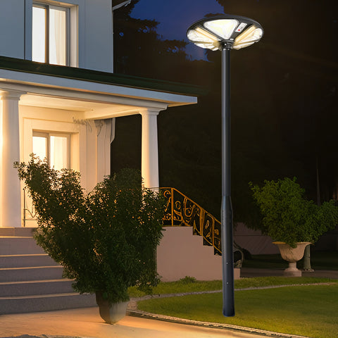 Pack lampadaire solaire complet 3/4/5/6 mètres au choix : Lampe solaire Série OVNI TRICOLORE + Mât EVO - Entraxe des trous 200mm - Noir