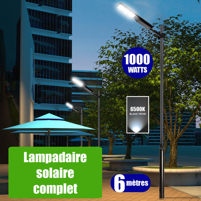 Pack lampadaire solaire complet 6 mètres : Lampe de rue solaire - Série POWER EVO V2 - 1000 Watts - 3000 Lumens - 6500k + Mât STANDARD (V1 EVO ou V4 EVO - Avec trappe) + Support déporté 60mm ou Adaptateur tête de mât 60/80 mm