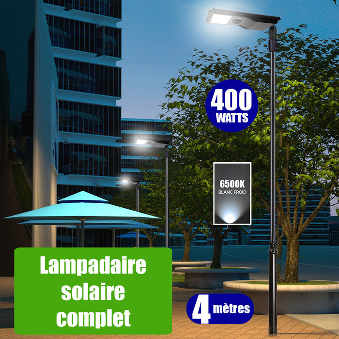 Pack lampadaire solaire complet 4 mètres : Lampe de rue solaire - Série POWER EVO V2 - 400 Watts - 1800 Lumens -  6500K + Mât STANDARD (V1 EVO ou V4 EVO - Avec trappe) + Support déporté 60mm ou Adaptateur tête de mât 60/80 mm