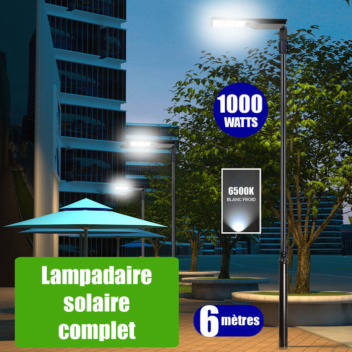 Pack lampadaire solaire complet 6 mètres : Lampe de rue solaire - Série POWER EVO V2 - 1000 Watts - 3000 Lumens - 6500k + Mât STANDARD (V1 EVO ou V4 EVO - Avec trappe) + Support déporté 60mm ou Adaptateur tête de mât 60/80 mm