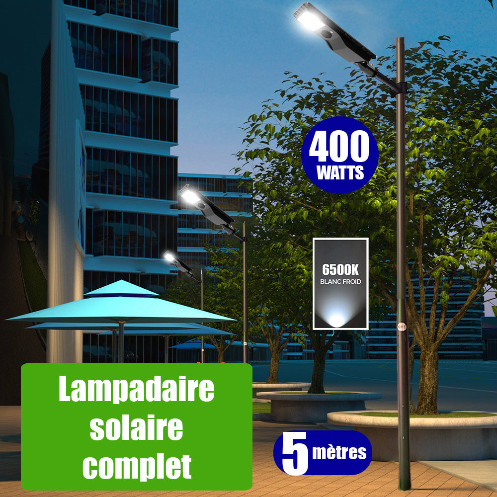 Pack lampadaire solaire complet 5 mètres : Lampe de rue solaire - Série POWER EVO V2 - 400 Watts - 1800 Lumens -  6500K + Mât STANDARD (V1 EVO ou V4 EVO - Avec trappe) + Support déporté 60mm ou Adaptateur tête de mât 60/80 mm
