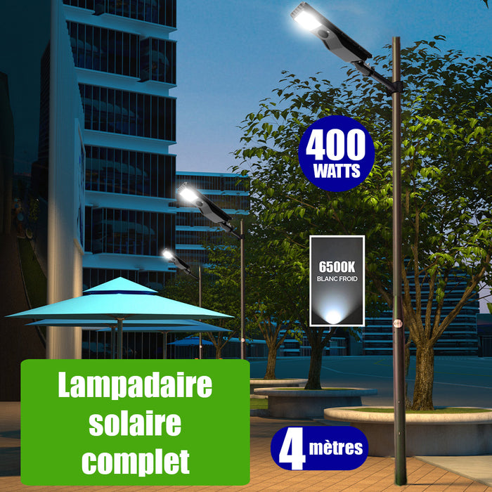 Pack lampadaire solaire complet 4 mètres : Lampe de rue solaire - Série POWER EVO V2 - 400 Watts - 1800 Lumens -  6500K + Mât STANDARD (V1 EVO ou V4 EVO - Avec trappe) + Support déporté 60mm ou Adaptateur tête de mât 60/80 mm