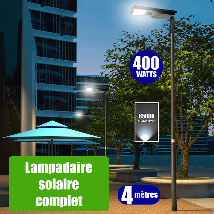 Pack lampadaire solaire complet 4 mètres : Lampe de rue solaire - Série POWER EVO V2 - 400 Watts - 1800 Lumens -  6500K + Mât STANDARD (V1 EVO ou V4 EVO - Avec trappe) + Support déporté 60mm ou Adaptateur tête de mât 60/80 mm