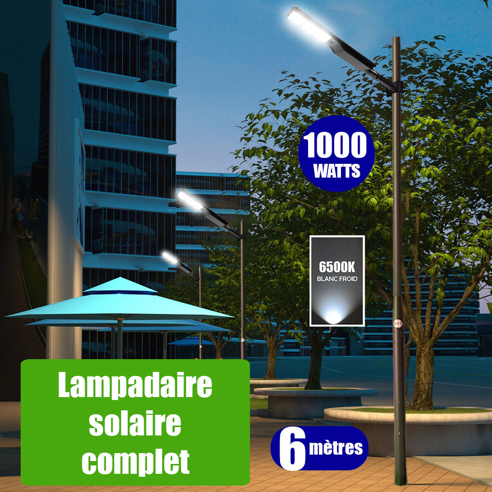 Pack lampadaire solaire complet 6 mètres : Lampe de rue solaire - Série POWER EVO V2 - 1000 Watts - 3000 Lumens - 6500k + Mât STANDARD (V1 EVO ou V4 EVO - Avec trappe) + Support déporté 60mm ou Adaptateur tête de mât 60/80 mm