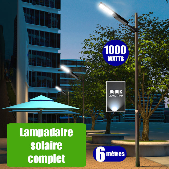 Pack lampadaire solaire complet 6 mètres : Lampe de rue solaire - Série POWER EVO V2 - 1000 Watts - 3000 Lumens - 6500k + Mât STANDARD (V1 EVO ou V4 EVO - Avec trappe) + Support déporté 60mm ou Adaptateur tête de mât 60/80 mm