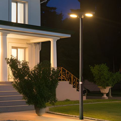Pack lampadaire solaire complet 3/4/5/6 mètres au choix : Lampe solaire Série OVNI SATELLITE V2 + Mât EVO - Entraxe des trous 200mm - Noir