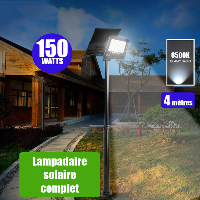 Pack lampadaire solaire complet 4 mètres : Projecteur LED solaire - Série SECURITY ULTRA - 150 Watts - 900 Lumens 6500K + Mât STANDARD (V1 EVO ou V4 EVO - Avec trappe) + Tête de mât rectangulaire