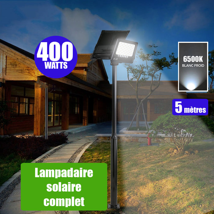 Pack lampadaire solaire complet 5 mètres : Projecteur LED solaire - Série SECURITY ULTRA - 400 Watts - 2000 Lumens - 6500k + Mât STANDARD (V1 EVO ou V4 EVO - Avec trappe) + Tête de mât rectangulaire
