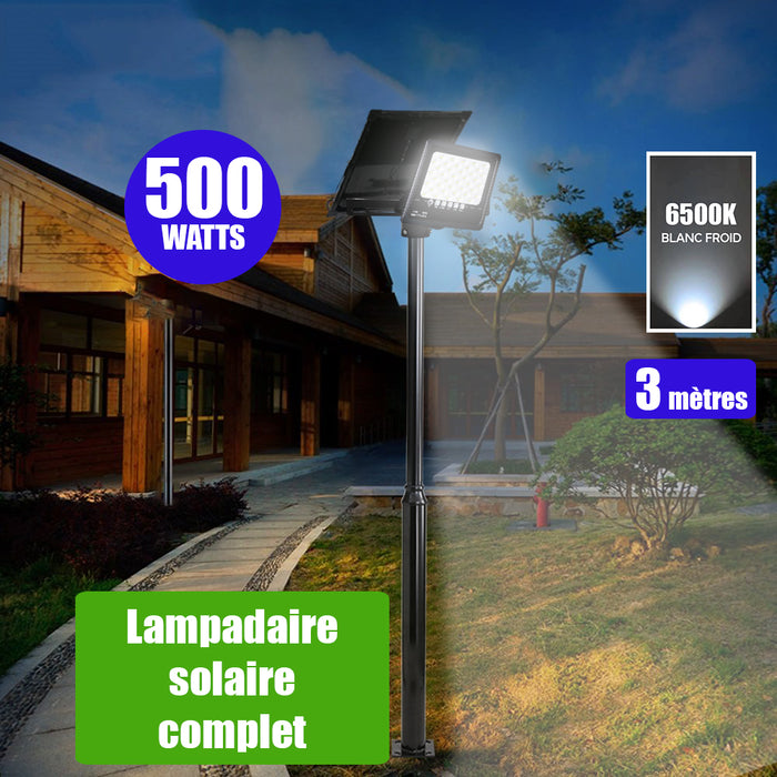 Pack lampadaire solaire complet 3 mètres : Projecteur LED solaire - Série SECURITY ULTRA - 500 Watts - 3000 Lumens - 6500kMât STANDARD (V1 EVO ou V4 EVO - Avec trappe) + Tête de mât rectangulaire