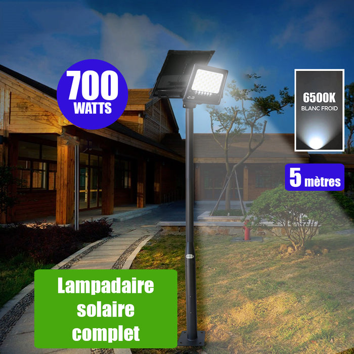 Pack lampadaire solaire complet 5 mètres : Projecteur LED solaire - Série SECURITY ULTRA - 700 Watts - 4000 Lumens - 6500k + Mât STANDARD (V1 EVO ou V4 EVO - Avec trappe) + Tête de mât rectangulaire