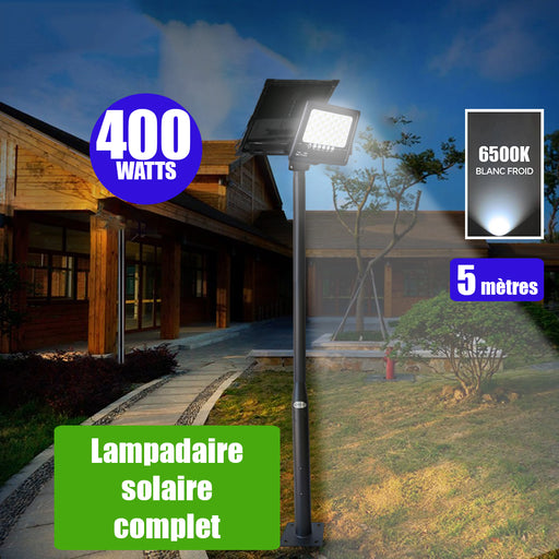 Pack lampadaire solaire complet 5 mètres : Projecteur LED solaire - Série SECURITY ULTRA - 400 Watts - 2000 Lumens - 6500k + Mât STANDARD (V1 EVO ou V4 EVO - Avec trappe) + Tête de mât rectangulaire