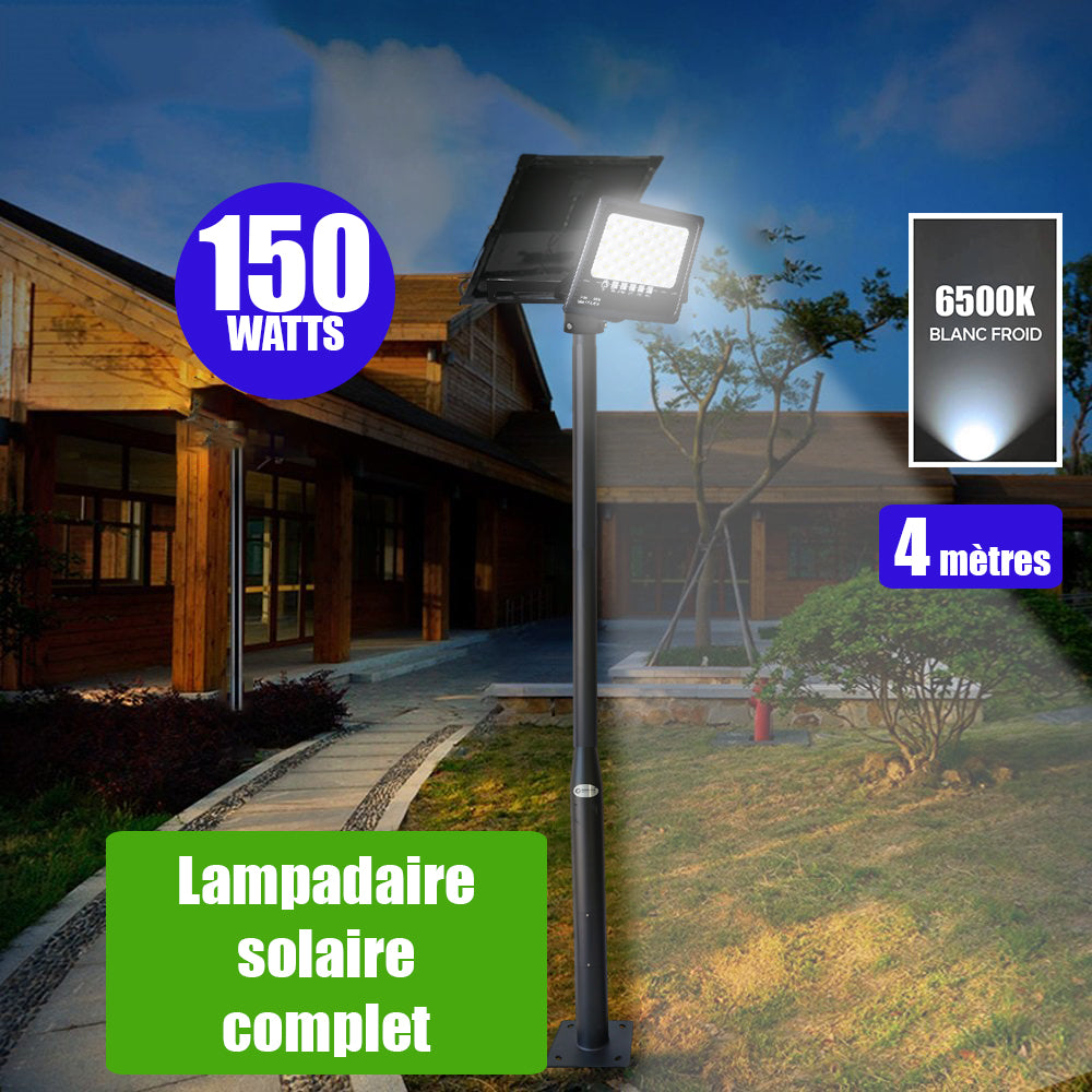 Pack lampadaire solaire complet 4 mètres : Projecteur LED solaire - Série SECURITY ULTRA - 150 Watts - 900 Lumens 6500K + Mât STANDARD (V1 EVO ou V4 EVO - Avec trappe) + Tête de mât rectangulaire