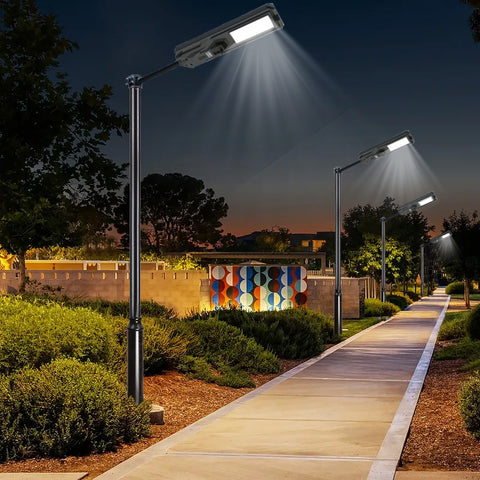 Pack lampadaire solaire complet 3/4/5/6 mètres au choix : Lampe solaire Série STARSHIP + Mât EVO - Entraxe des trous 200mm - Noir