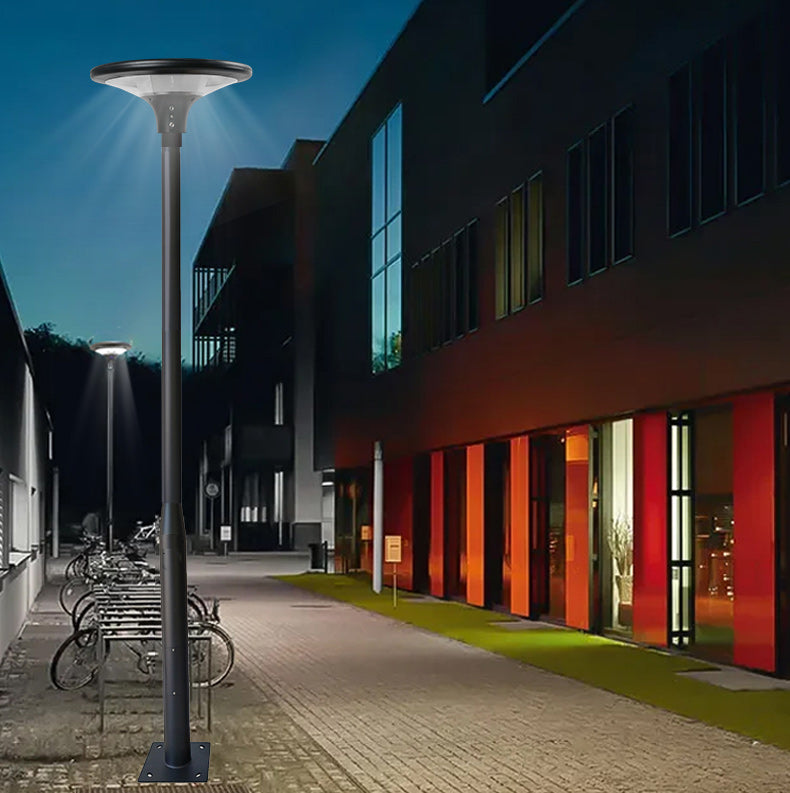 Pack lampadaire solaire complet 3/4/5/6 mètres au choix : Lampe solaire Série OVNI SUN FLOWER V1 + Mât EVO - Entraxe des trous 200mm - Noir