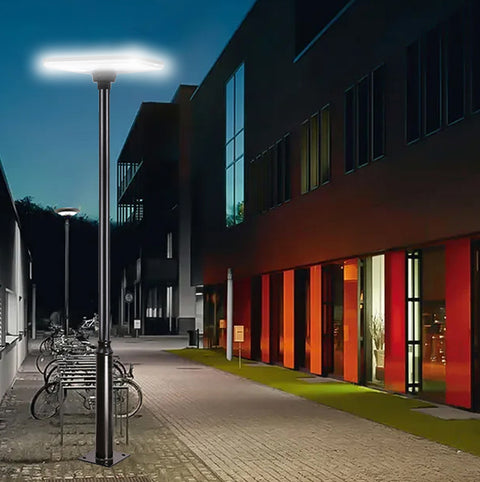 Pack lampadaire solaire complet 3/4/5/6 mètres au choix : Lampe solaire Série OVNI SUNFLOWER V2 + Mât EVO - Entraxe des trous 200mm - Noir