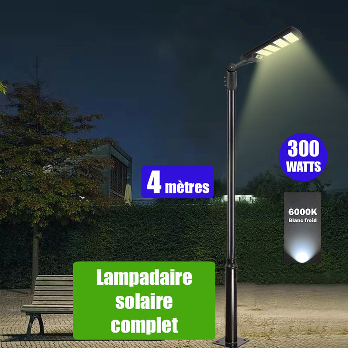 Pack lampadaire solaire complet 4 mètres : Lampe de rue et parking - Série VIEW V2 - 300 Watts - 6000k + Mât STANDARD 4 mètres au choix (Série STANDARD V1 EVO ou Série STANDARD V4 EVO - Avec trappe) + Adaptateur ajustable 80/50mm ou Support déporté 45mm