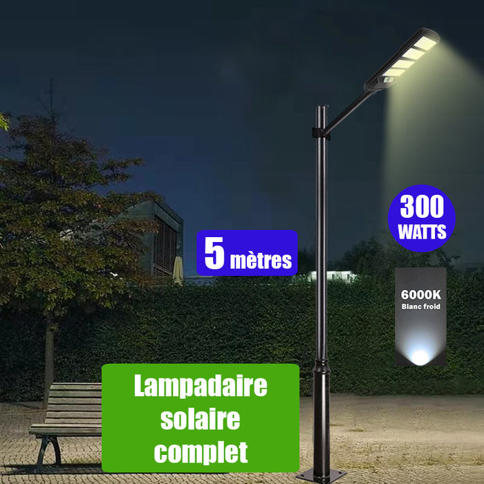 Pack lampadaire solaire complet 5 mètres : Lampe de rue et parking - Série VIEW V2 - 300 Watts - 6000k + Mât STANDARD 5 mètres au choix (Série STANDARD V1 EVO ou Série STANDARD V4 EVO - Avec trappe) + Adaptateur ajustable 80/50mm ou Support déporté 45mm
