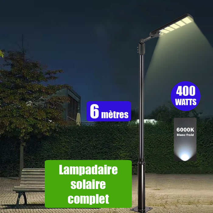 Pack lampadaire solaire complet 6 mètres : Lampe de rue et parking - Série VIEW V2 - 400 Watts - 6000k + Mât STANDARD 6 mètres au choix (Série STANDARD V1 EVO ou Série STANDARD V4 EVO - Avec trappe) + Adaptateur ajustable 80/50mm ou Support déporté 45mm