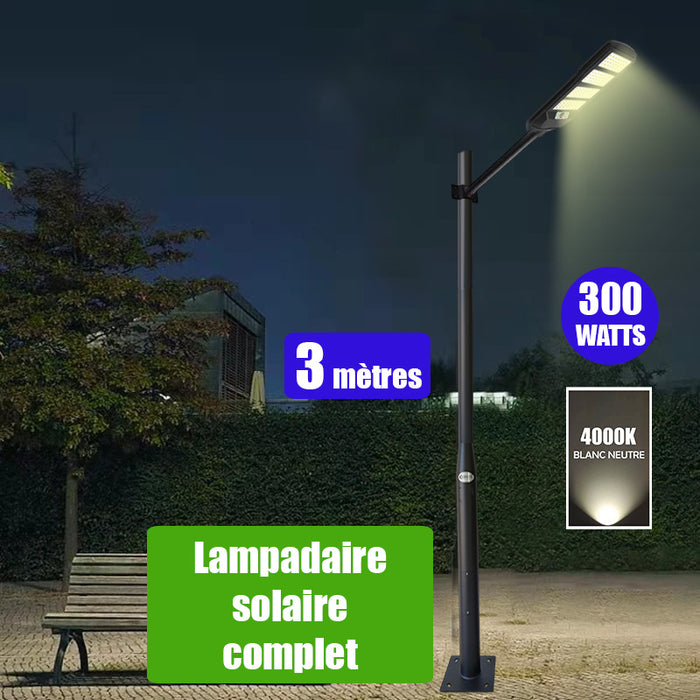 Pack lampadaire solaire complet 3 mètres : Lampe de rue et parking - Série VIEW V2 - 300 Watts - 4000k + Mât STANDARD 3 mètres au choix (Série STANDARD V1 EVO ou Série STANDARD V4 EVO - Avec trappe) + Adaptateur ajustable 80/50mm ou Support déporté 45mm